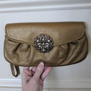 Brighton Empress Gold Leather Wristlet Clutch With Rhinestone Embellishment